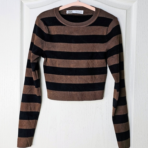 Zara Women's Soft Ribbed Knit Cropped Sweater, Brown & Black, SMALL - Picture 3 of 8